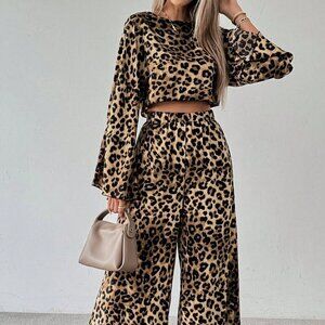 Multicolor Casual Women's Leopard Print Crew Neck Crop Top & Wide Leg Pants Set